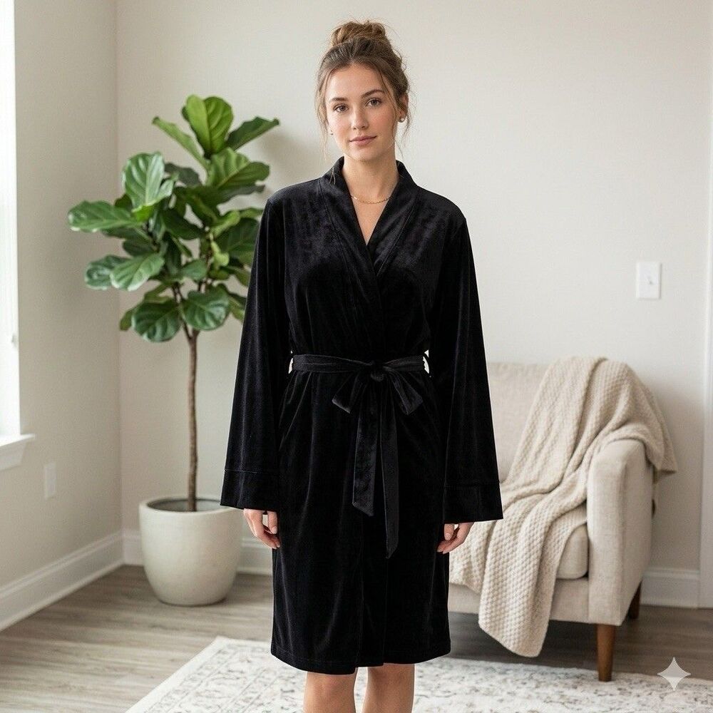 Women’s Velvet Black Robe Kimono Sleeves Cozy Soft Relaxing Sleepwear-S/M